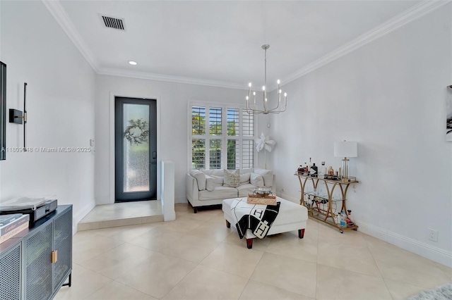 4231 N Magnolia Cir, Delray Beach, FL 33445 - living area with a chandelier, ornamental molding, baseboards, recessed lighting, and tile patterned flooring