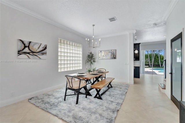 4231 N Magnolia Cir, Delray Beach, FL 33445 - dining space featuring crown molding, a textured ceiling, a chandelier, light tile patterned floors, and baseboards