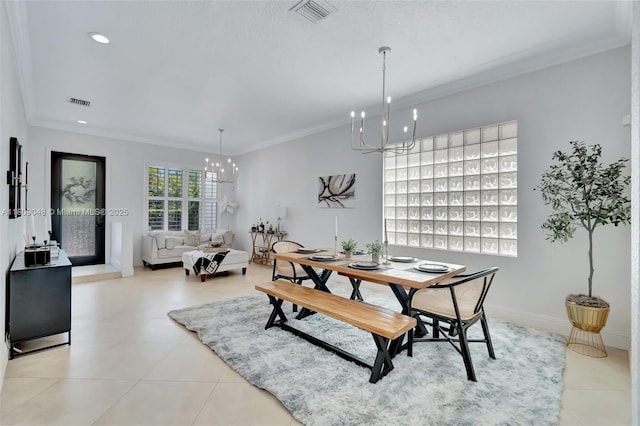 4231 N Magnolia Cir, Delray Beach, FL 33445 - dining room with a chandelier, crown molding, light tile patterned floors, baseboards, and recessed lighting