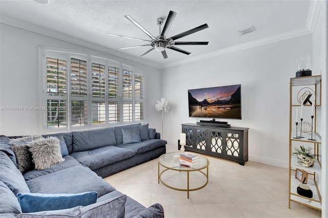 4231 N Magnolia Cir, Delray Beach, FL 33445 - tiled living room featuring ceiling fan, ornamental molding, and baseboards