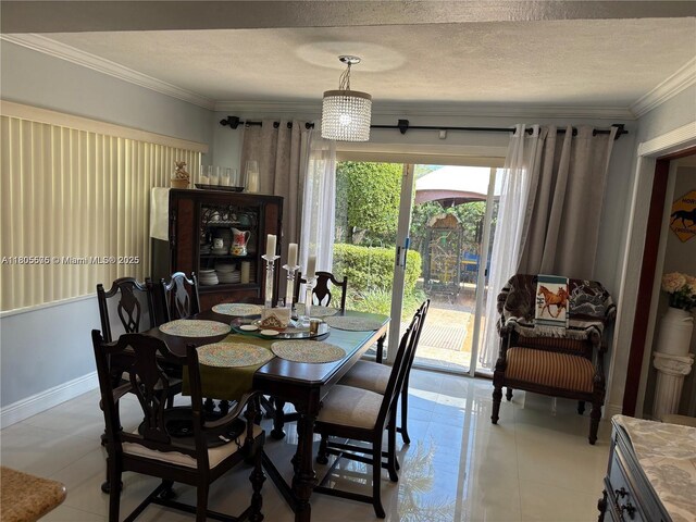 7430 Buchanan St, Hollywood, FL 33024 - dining space featuring ornamental molding, light tile patterned flooring, and a textured ceiling