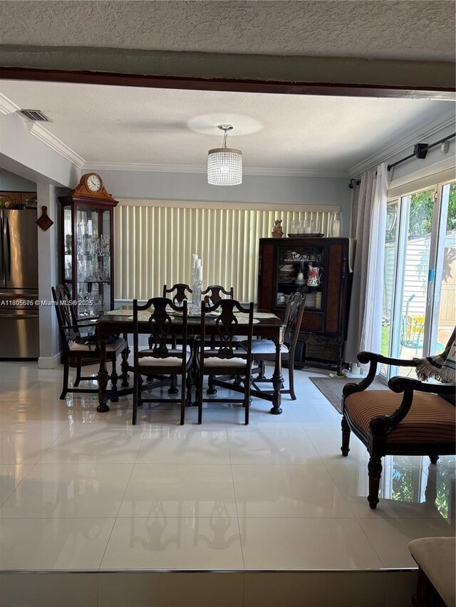7430 Buchanan St, Hollywood, FL 33024 - kitchen with stainless steel appliances, brown cabinetry, light tile patterned flooring, glass insert cabinets, and crown molding