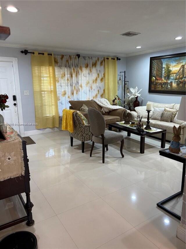 7430 Buchanan St, Hollywood, FL 33024 - living room with crown molding, recessed lighting, and light tile patterned flooring