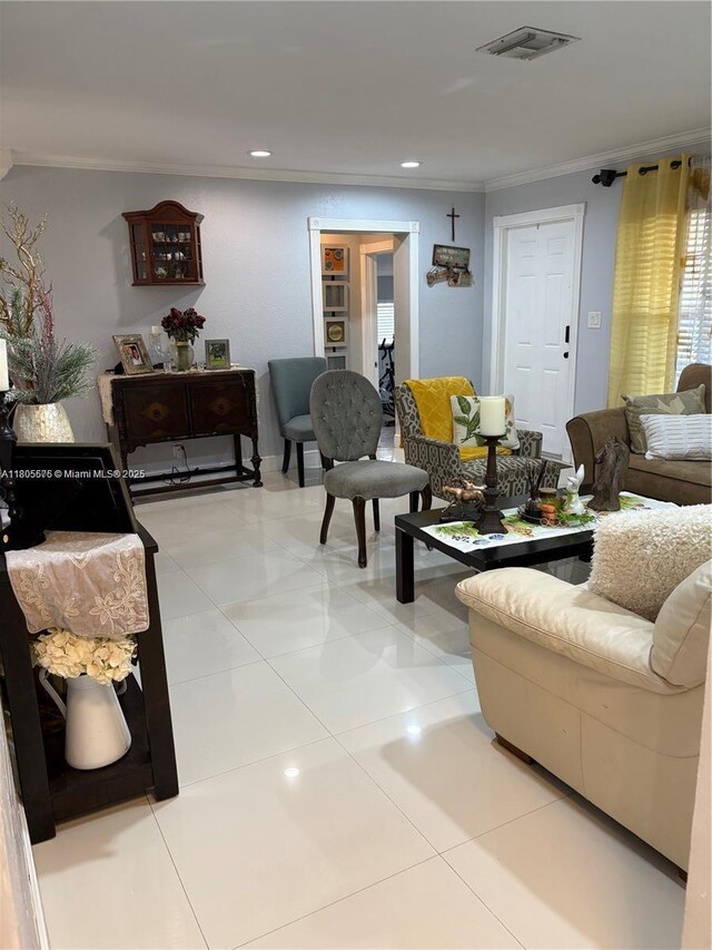 7430 Buchanan St, Hollywood, FL 33024 - living room featuring crown molding, light tile patterned floors, and recessed lighting