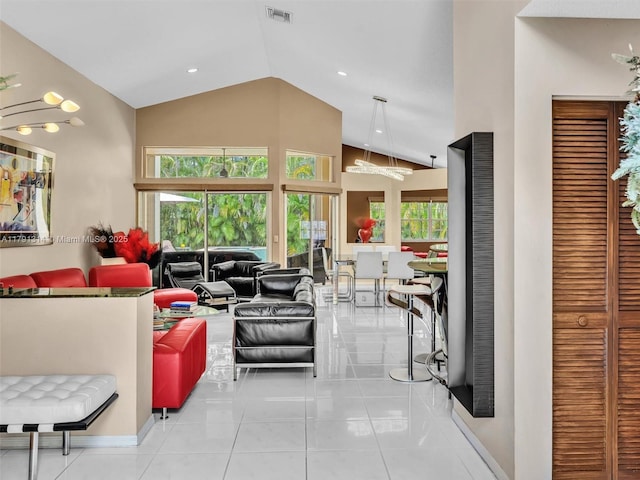 457 Cambridge Dr, Weston, FL 33326 - living room with tile patterned flooring, high vaulted ceiling, and recessed lighting
