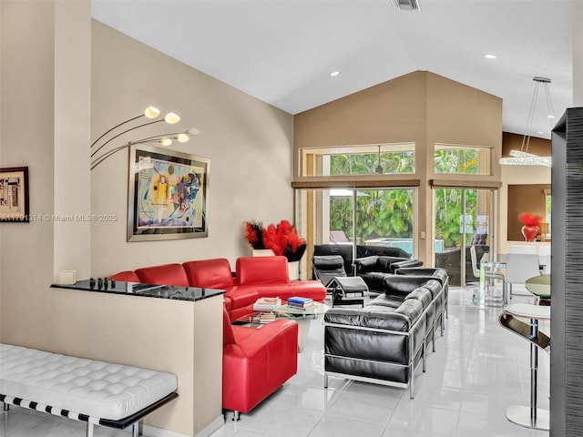 457 Cambridge Dr, Weston, FL 33326 - living room featuring high vaulted ceiling and tile patterned floors