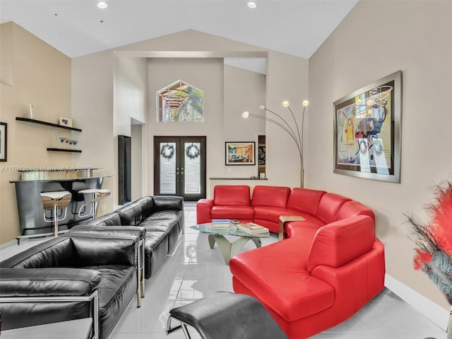 457 Cambridge Dr, Weston, FL 33326 - living area with french doors, high vaulted ceiling, baseboards, and recessed lighting