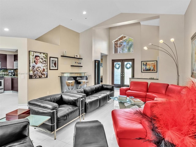 457 Cambridge Dr, Weston, FL 33326 - tiled living area featuring french doors, high vaulted ceiling, and recessed lighting