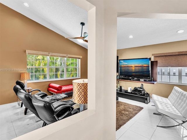 457 Cambridge Dr, Weston, FL 33326 - tiled living area featuring a textured ceiling, recessed lighting, lofted ceiling, and a ceiling fan
