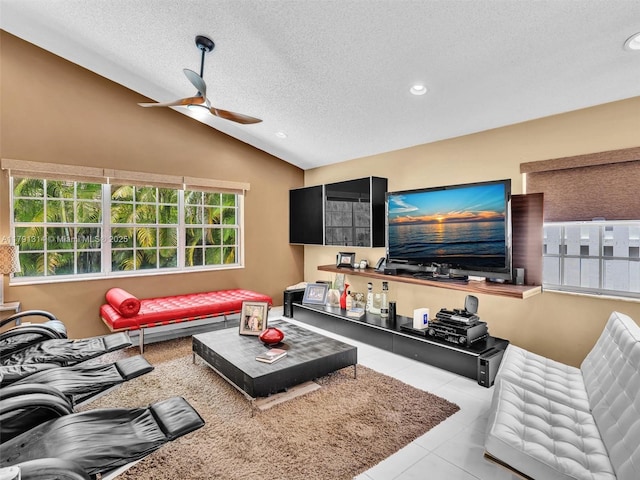 457 Cambridge Dr, Weston, FL 33326 - tiled living room with a textured ceiling, ceiling fan, lofted ceiling, and recessed lighting