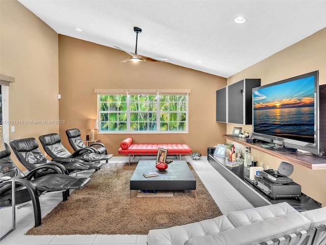 457 Cambridge Dr, Weston, FL 33326 - tiled living room with vaulted ceiling, ceiling fan, a textured ceiling, and recessed lighting