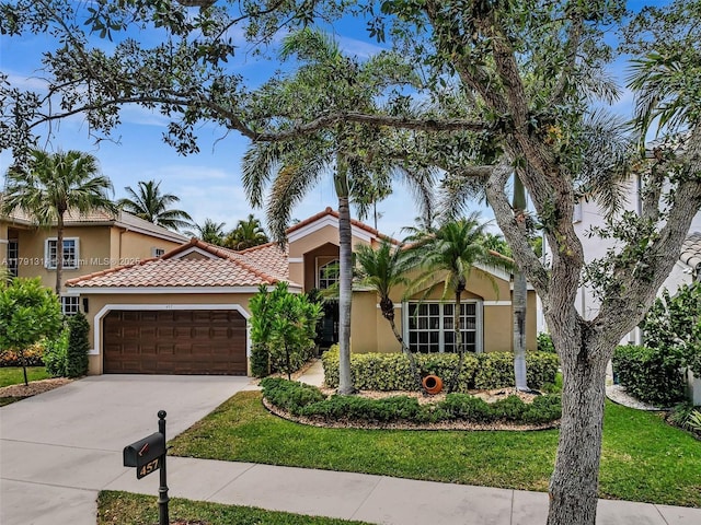 457 Cambridge Dr, Weston, FL 33326 - mediterranean / spanish house featuring a garage, stucco siding, and concrete driveway