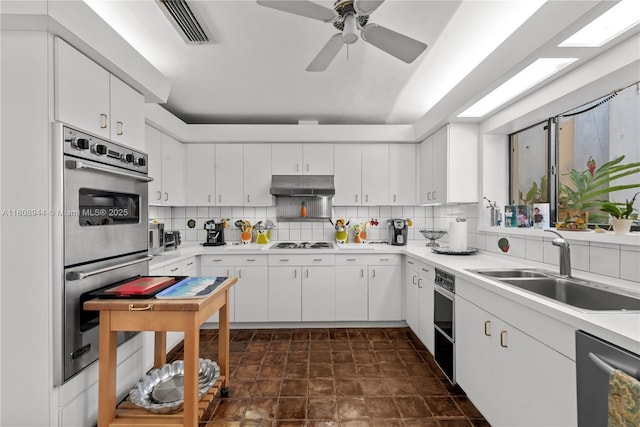 5465 Banyan Trl, Coral Gables, FL 33156 - kitchen featuring stainless steel appliances, a sink, under cabinet range hood, backsplash, and light countertops