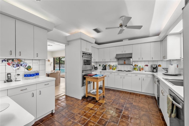 5465 Banyan Trl, Coral Gables, FL 33156 - kitchen featuring stainless steel appliances, ceiling fan, decorative backsplash, and under cabinet range hood