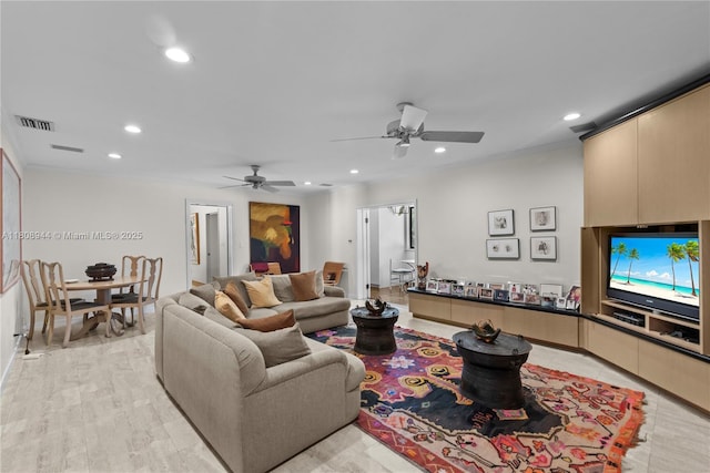 5465 Banyan Trl, Coral Gables, FL 33156 - living room with recessed lighting, a ceiling fan, and crown molding
