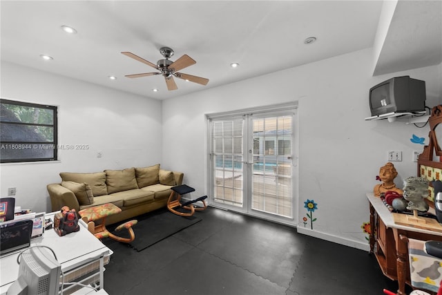 5465 Banyan Trl, Coral Gables, FL 33156 - living area featuring a ceiling fan, recessed lighting, and baseboards