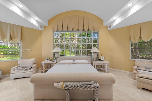 5465 Banyan Trl, Coral Gables, FL 33156 - bedroom featuring baseboards, vaulted ceiling, multiple windows, recessed lighting, and tile patterned floors
