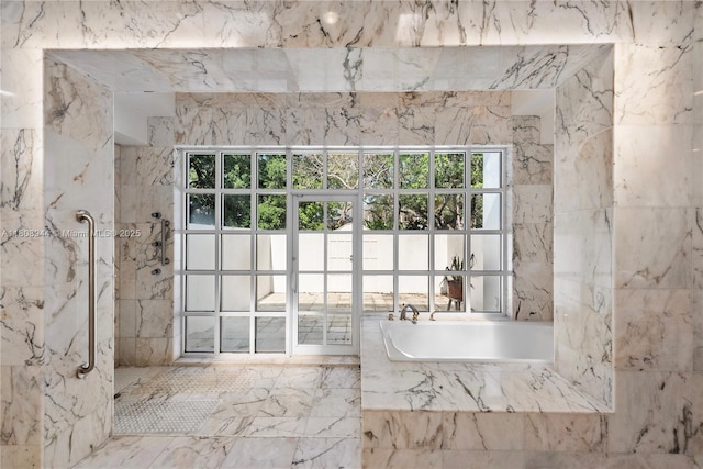 5465 Banyan Trl, Coral Gables, FL 33156 - full bathroom with a bath, a marble finish shower, marble tiled flooring, and plenty of natural light