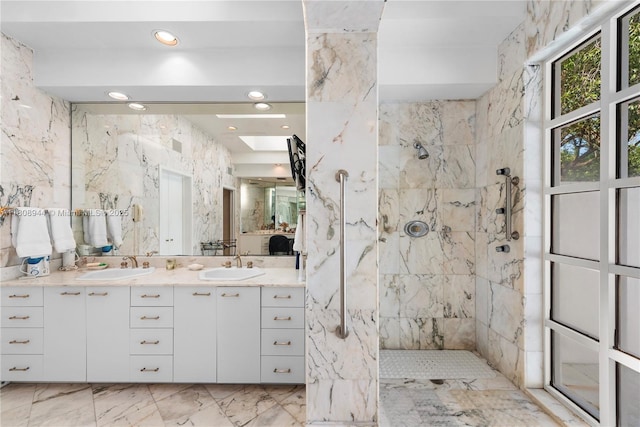 5465 Banyan Trl, Coral Gables, FL 33156 - full bathroom featuring a marble finish shower, double vanity, marble finish flooring, and recessed lighting