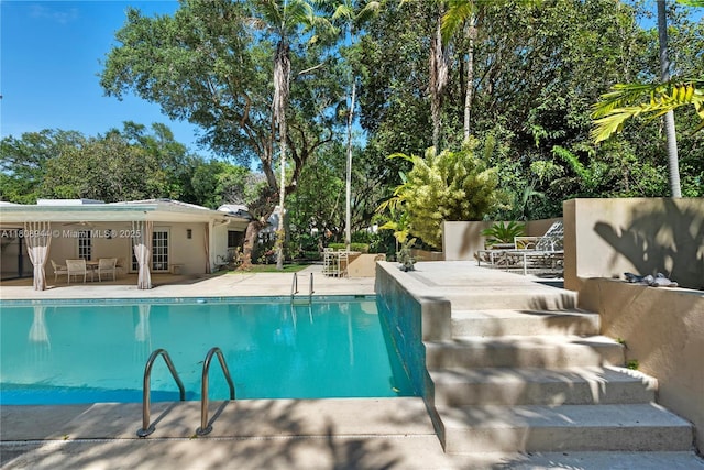 5465 Banyan Trl, Coral Gables, FL 33156 - outdoor pool featuring a patio, view of wooded area, and french doors