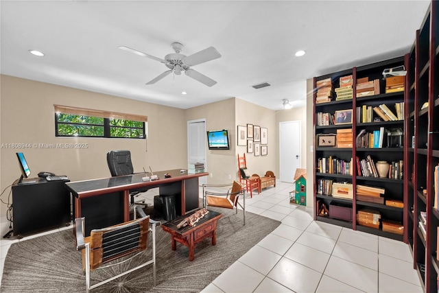 5465 Banyan Trl, Coral Gables, FL 33156 - home office with a ceiling fan, tile patterned flooring, and recessed lighting