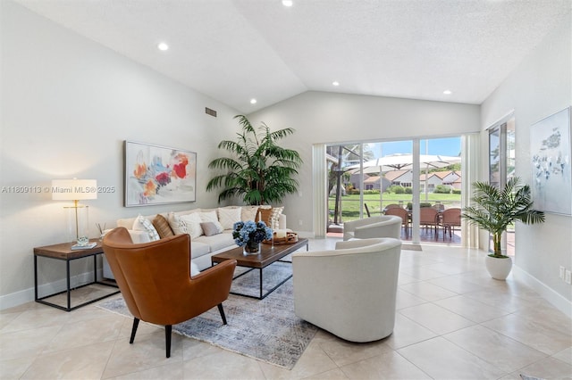 7259 Via Palomar, Boca Raton, FL 33433 - living room featuring recessed lighting, lofted ceiling, light tile patterned floors, and baseboards