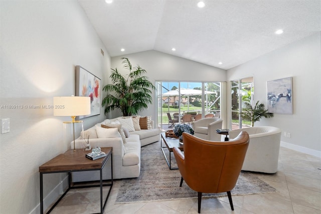 7259 Via Palomar, Boca Raton, FL 33433 - living room with lofted ceiling, recessed lighting, baseboards, and light tile patterned flooring