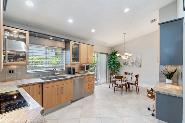 7259 Via Palomar, Boca Raton, FL 33433 - kitchen with dishwasher, a sink, lofted ceiling, recessed lighting, and a chandelier