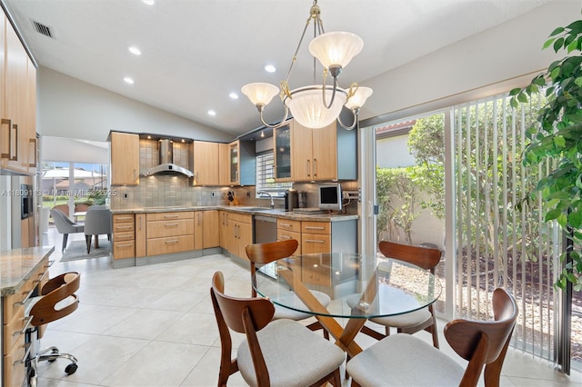 7259 Via Palomar, Boca Raton, FL 33433 - dining room with lofted ceiling, light tile patterned flooring, plenty of natural light, and recessed lighting