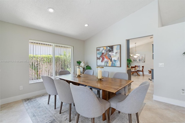 7259 Via Palomar, Boca Raton, FL 33433 - dining room with lofted ceiling, recessed lighting, a textured ceiling, baseboards, and a chandelier