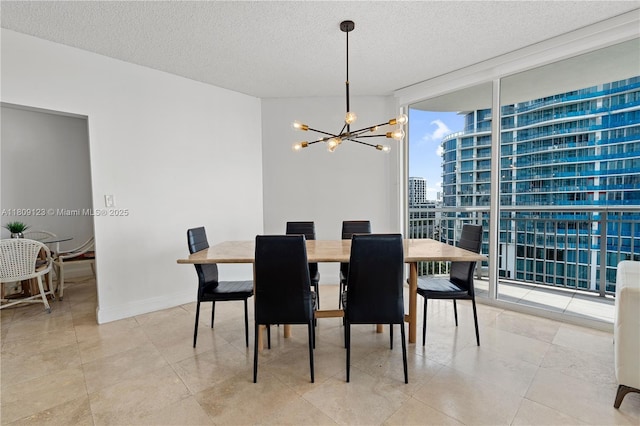17375 Collins Ave Unit 1108, Sunny Isles Beach, FL 33160 - dining area featuring a wall of windows, a chandelier, a textured ceiling, and a view of city