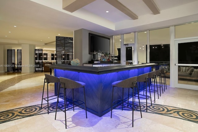 17375 Collins Ave Unit 1108, Sunny Isles Beach, FL 33160 - indoor bar with recessed lighting, inlaid floor details, and beamed ceiling