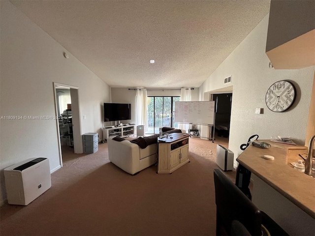 9144 W Atlantic Blvd Unit 832, Coral Springs, FL 33071 - living area with carpet floors, vaulted ceiling, and a textured ceiling