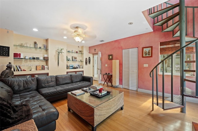 1771 Wa Kee Na Dr, Miami, FL 33133 - living area featuring stairway, wood finished floors, recessed lighting, and a ceiling fan