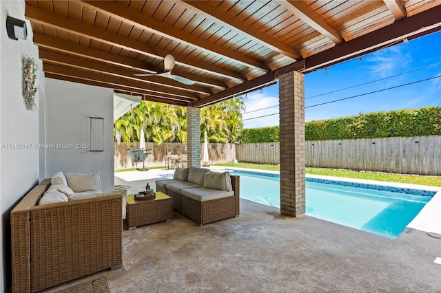 8930 SW 50th Ter, Miami, FL 33165 - view of pool featuring a fenced backyard, ceiling fan, outdoor lounge area, and a patio area