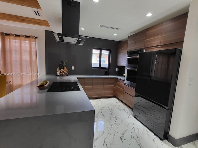 7672 La Salle Blv, Miramar, FL 33023 - kitchen featuring ventilation hood, modern cabinets, black appliances, light marble finish floors, and recessed lighting