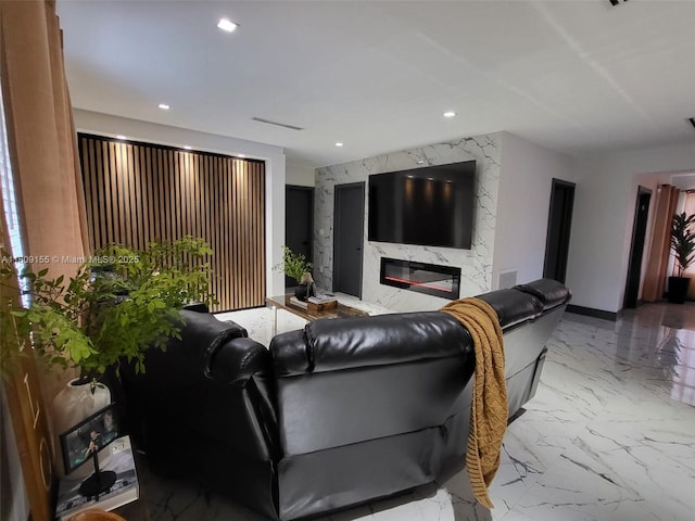 7672 La Salle Blv, Miramar, FL 33023 - living room with marble tiled flooring, recessed lighting, and a fireplace