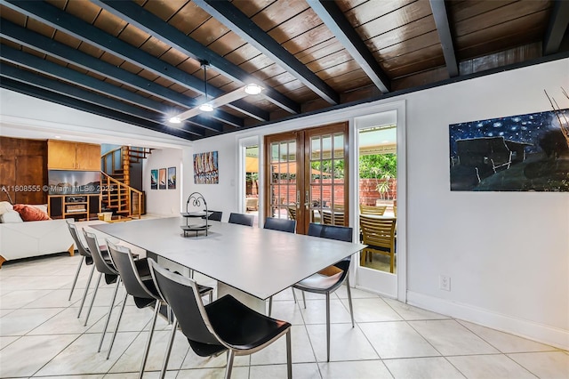 1213 Cordova Rd, Fort Lauderdale, FL 33316 - dining area featuring stairway, wood ceiling, french doors, and light tile patterned floors
