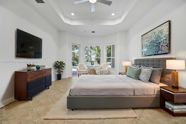 5466 SW 187th Ter, Miramar, FL 33029 - bedroom with light tile patterned floors, recessed lighting, a raised ceiling, and ceiling fan