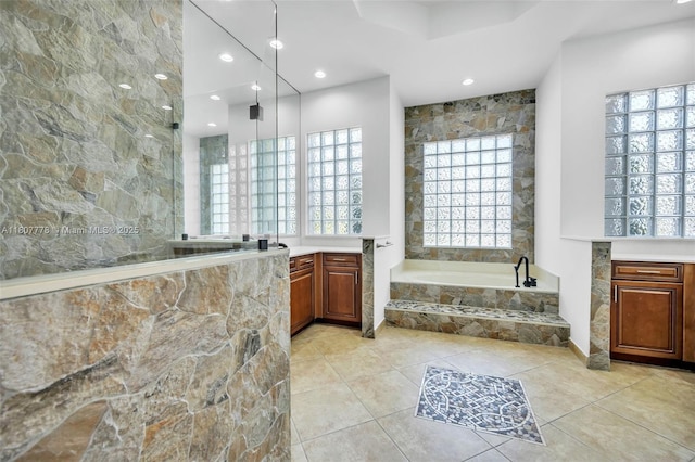 5466 SW 187th Ter, Miramar, FL 33029 - bathroom with a bath, vanity, a walk in shower, recessed lighting, and tile patterned flooring