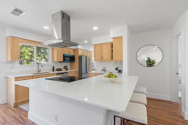 5492 Barnstead Cir, Lake Worth, FL 33463 - kitchen featuring island exhaust hood, a sink, appliances with stainless steel finishes, a kitchen breakfast bar, and a peninsula