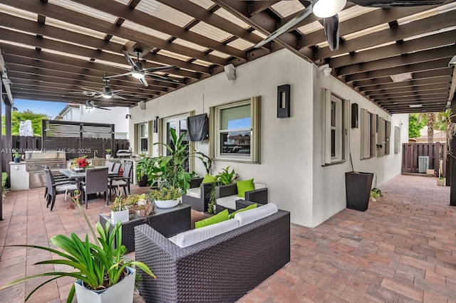 4362 NW 112th Ct, Doral, FL 33178 - view of patio with outdoor dining space, an outdoor hangout area, a ceiling fan, an outdoor kitchen, and a pergola