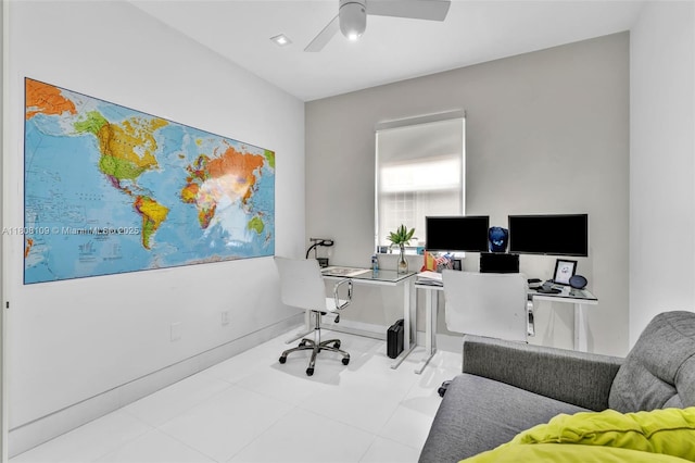 4362 NW 112th Ct, Doral, FL 33178 - tiled home office featuring a ceiling fan and recessed lighting