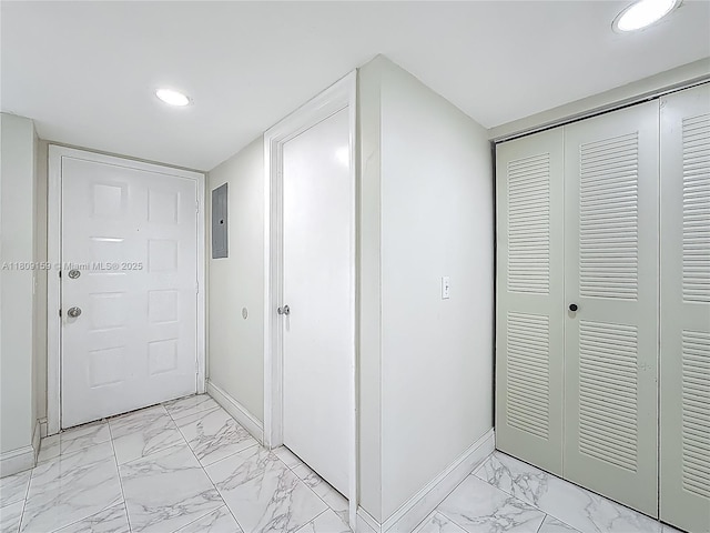 1100 SW 130th Ave Unit 111H, Pembroke Pines, FL 33027 - hallway with light marble finish floors, baseboards, recessed lighting, and electric panel
