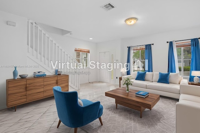 8206 SW 29th St Unit 104, Miramar, FL 33025 - living area with stairway, light marble finish flooring, and recessed lighting