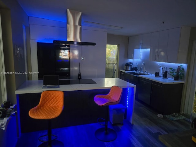 5812 NW 20th Ct, Margate, FL 33063 - kitchen with wall chimney range hood, wood finished floors, a sink, and a breakfast bar area