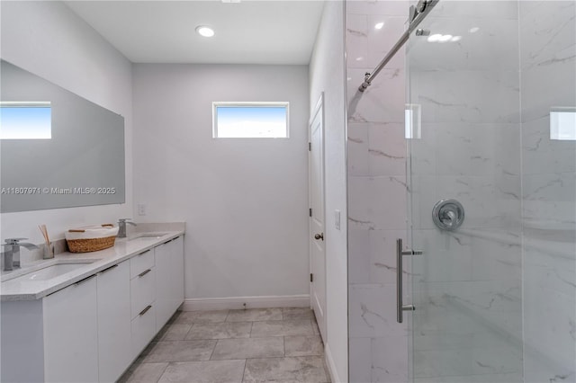 2013 Inglewood Cir, La Belle, FL 33935 - full bathroom featuring a marble finish shower, baseboards, double vanity, and recessed lighting