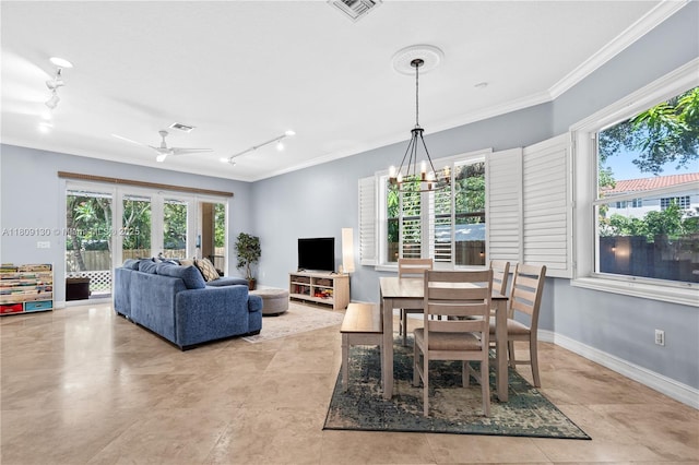 849 SW 11th Ct, Fort Lauderdale, FL 33315 - dining area with ornamental molding, track lighting, ceiling fan, and baseboards