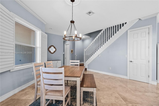 849 SW 11th Ct, Fort Lauderdale, FL 33315 - dining space featuring a chandelier, baseboards, crown molding, and stairs