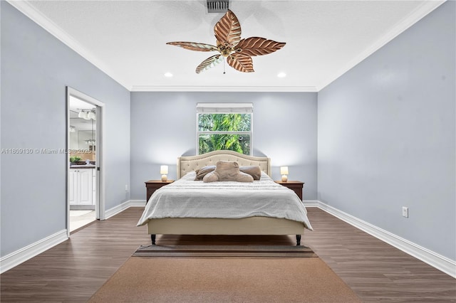 849 SW 11th Ct, Fort Lauderdale, FL 33315 - bedroom featuring ornamental molding, dark wood finished floors, baseboards, recessed lighting, and a ceiling fan